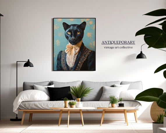 Vintage Royal Animal Portrait Victorian Animal Painting Dressed Animal Art Print Renaissance Black Panther Animal Lover Gift
