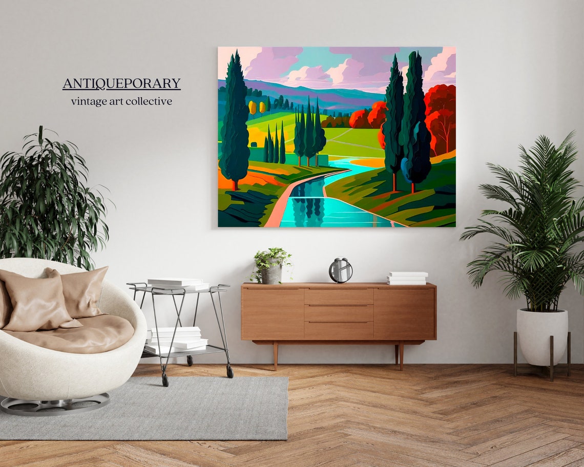 Stylized River Valley with Tall Cypress Trees Green Hills Poster - Image 5