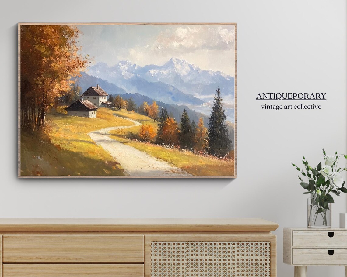 Alpine Farmhouse Hillside Road Snow Peaks Vintage Landscape Poster - Image 5