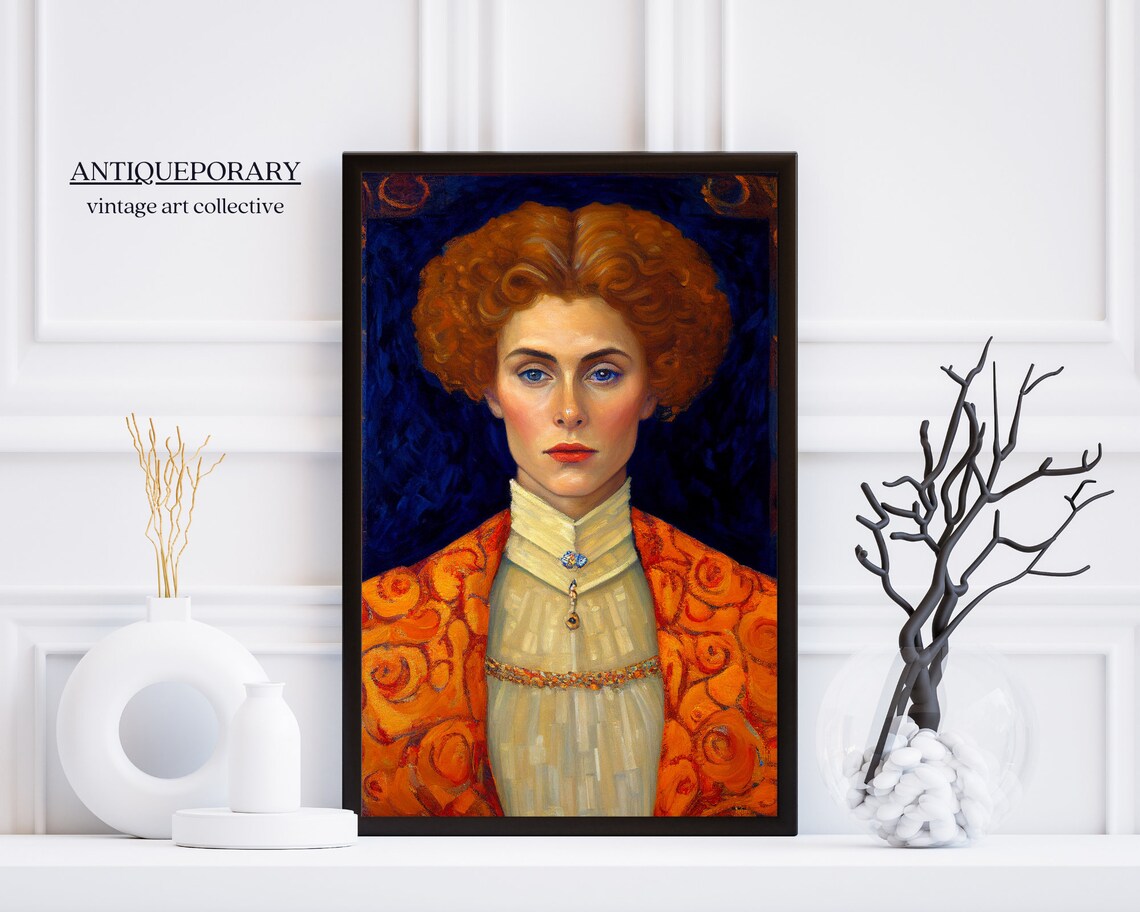 Red Haired Woman Portrait in Swirling Orange Robe Vintage Art Poster - Image 4