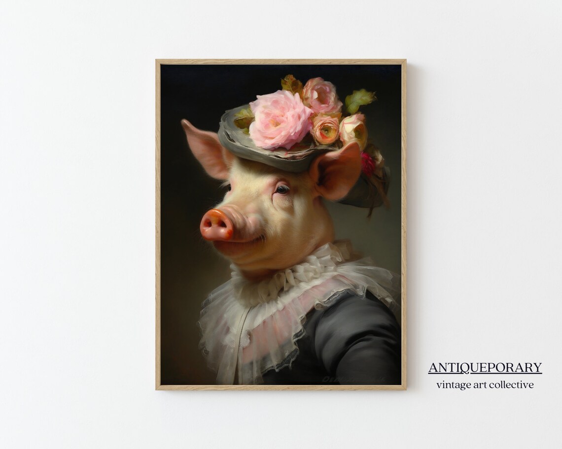 Charming Pig Lady Pink Floral Hat Oil Portrait Animal Art Poster