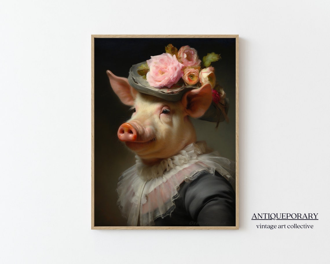 Lady Pig Vintage Portrait Victorian Animal Portrait Dressed Animal Prints Altered Art Print Renaissance Animal Painting Farm Animal Art