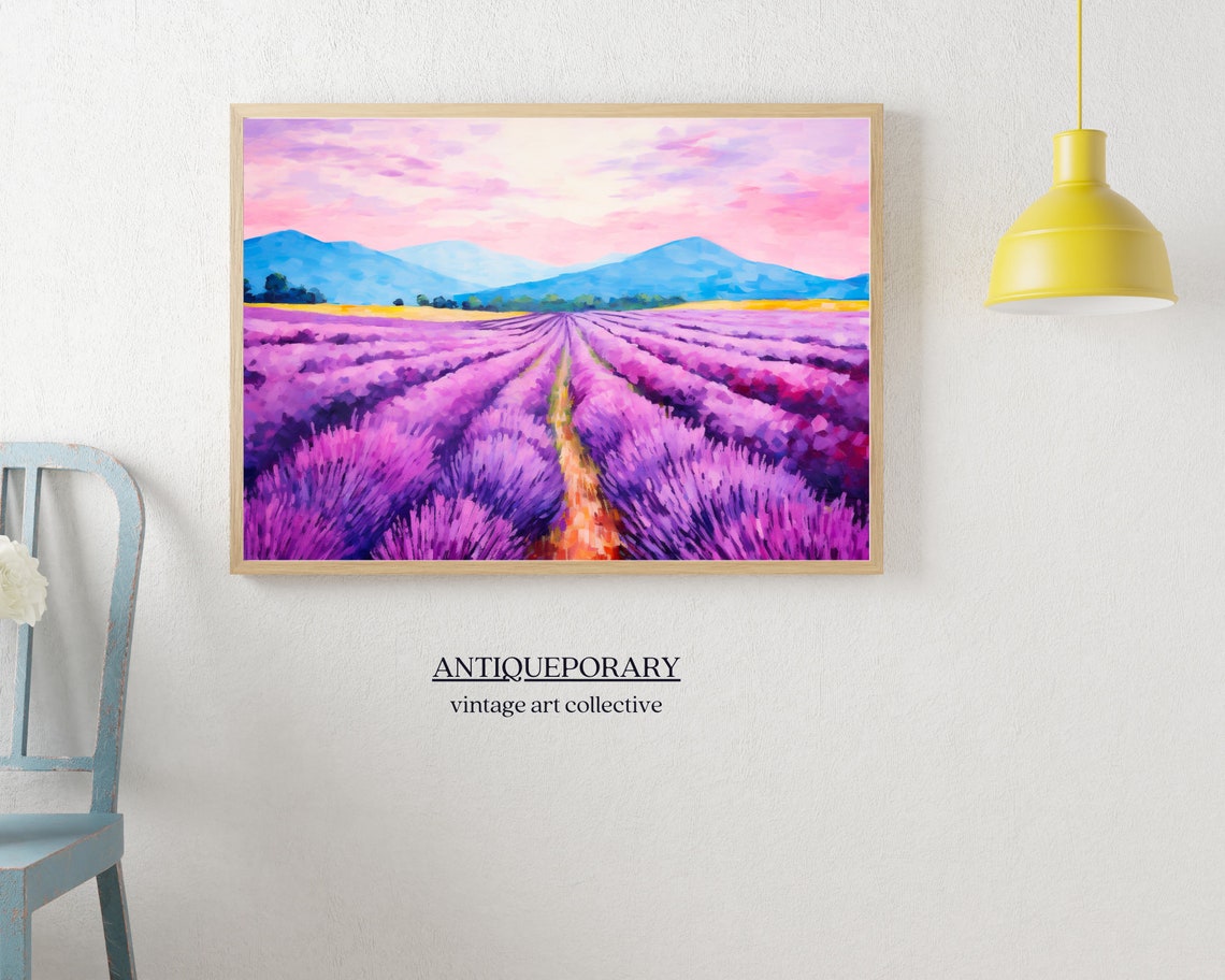 Lavender Field Rows Pink Sunset Landscape Mountain Painting Poster - Image 7