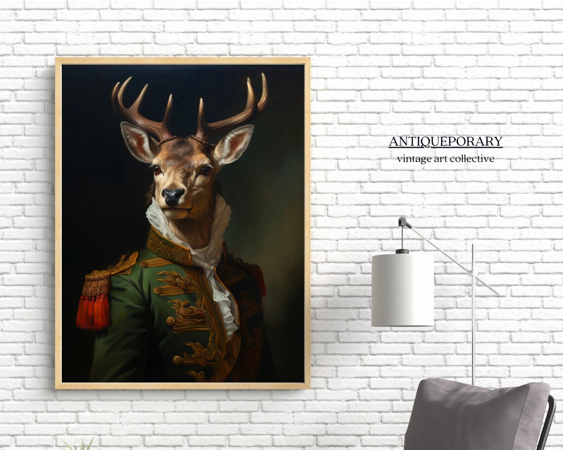 Noble Stag Deer in Green Military Uniform Regal Portrait Poster - Image 2