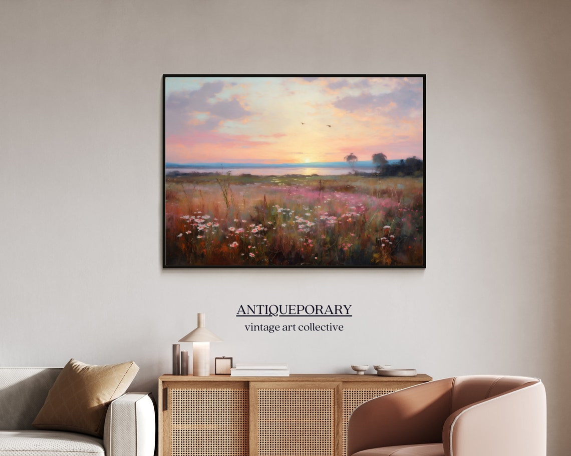 Sunset Wildflower Field Lake Reflection Impressionist Style Poster - Image 7