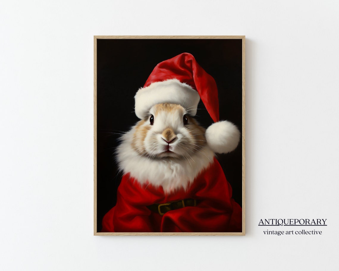 Bunny in Santa Suit and Hat Vintage Christmas Animal Portrait Poster