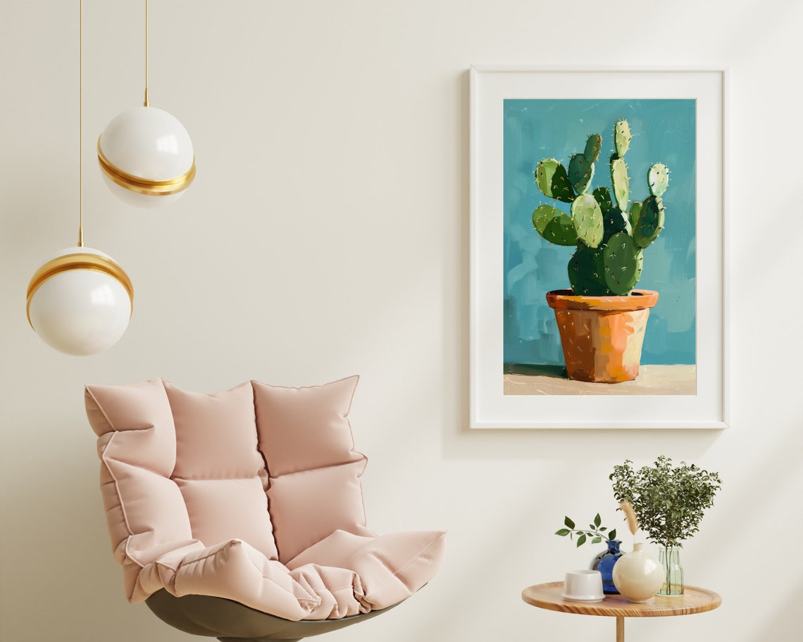 Potted Prickly Pear Cactus Terracotta Teal Abstract Wall Poster - Image 5
