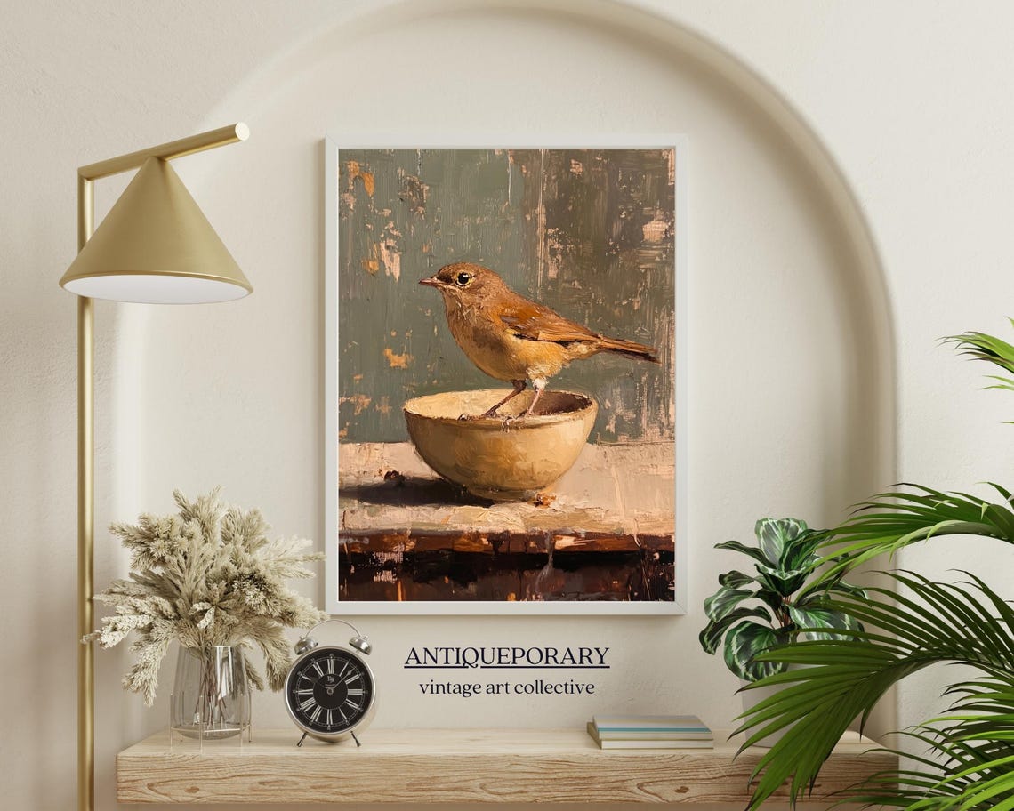 Small Brown Bird Perched on Bowl Rustic Vintage Bird Painting Poster - Image 4