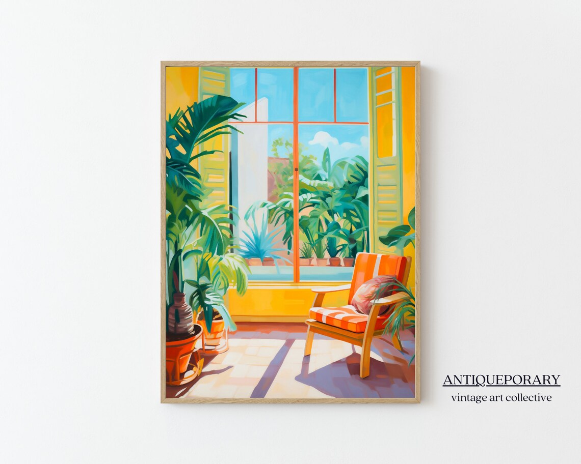 Tropical Sunroom Interior Painting Palm Plants Orange Armchair Poster