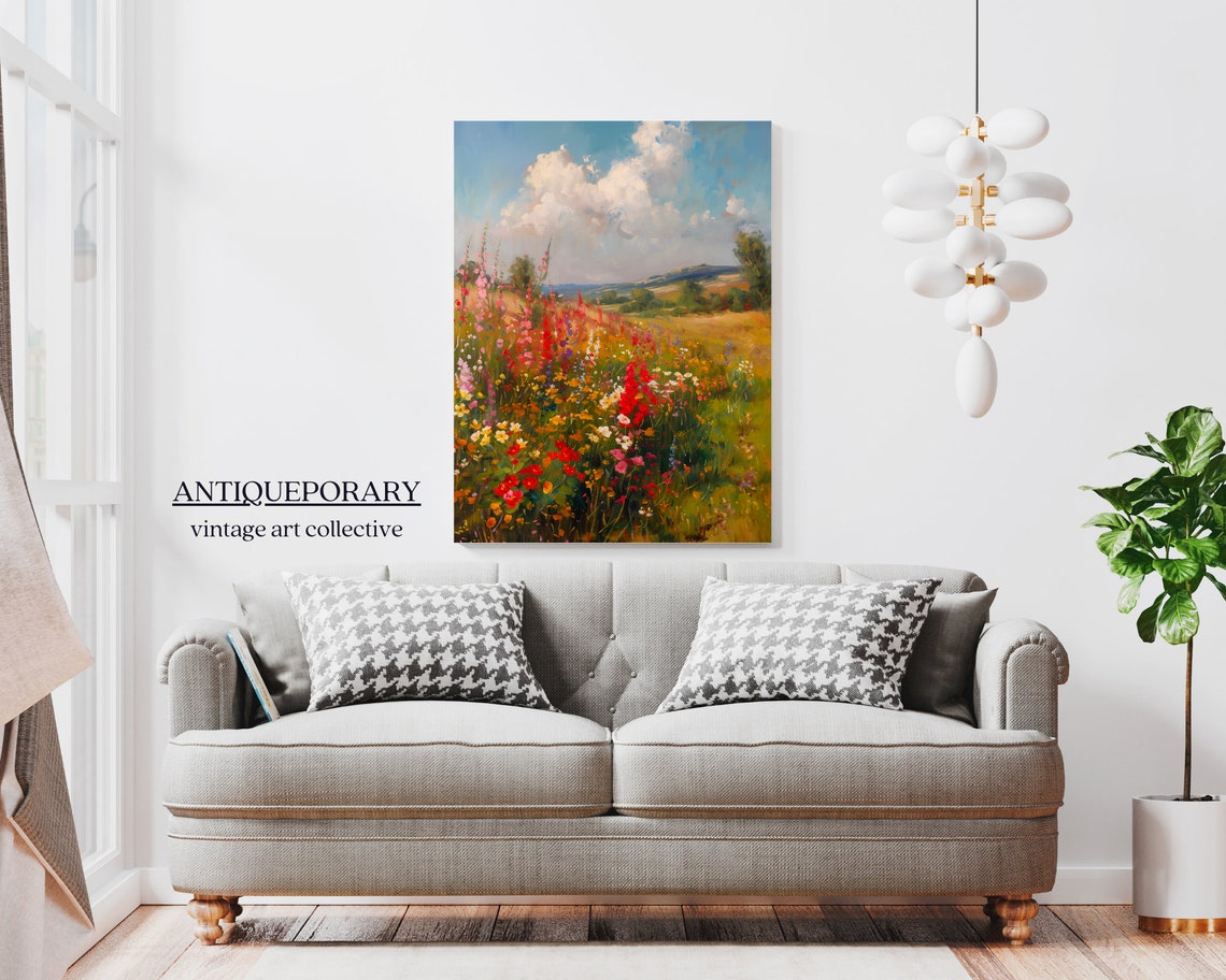 Colorful Wildflower Meadow Rolling Hills Cloudy Sky Painting Poster - Image 4