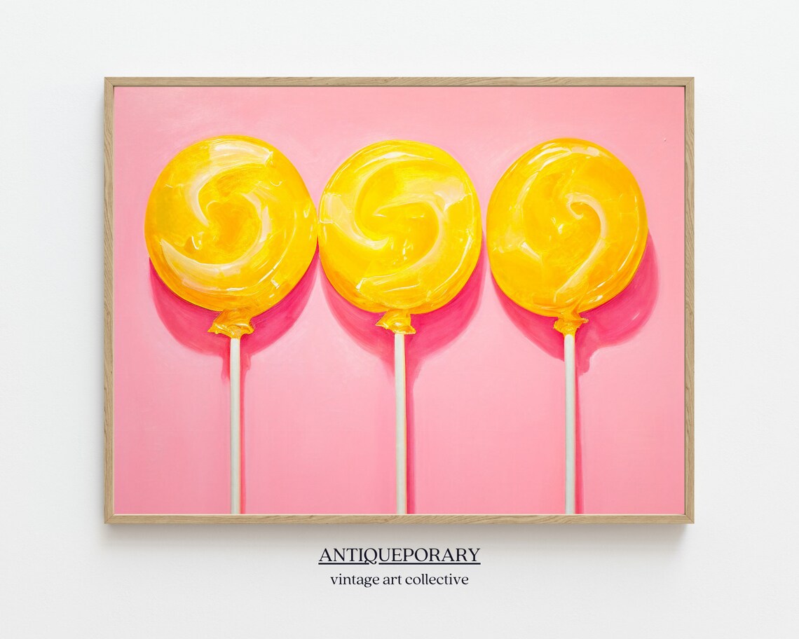 Sweet Yellow Lollipops Trio on Pink Modern Pop Art Kitchen Poster
