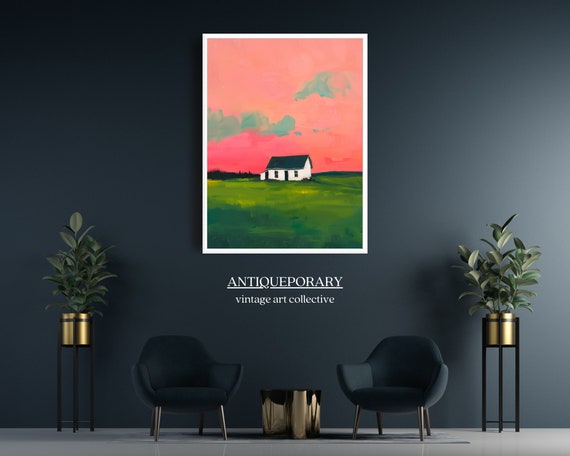 Abstract Farmhouse Landscape Painting Abstract Horizon Colorful Modern Minimal Wall Decor Minimal Wall Art