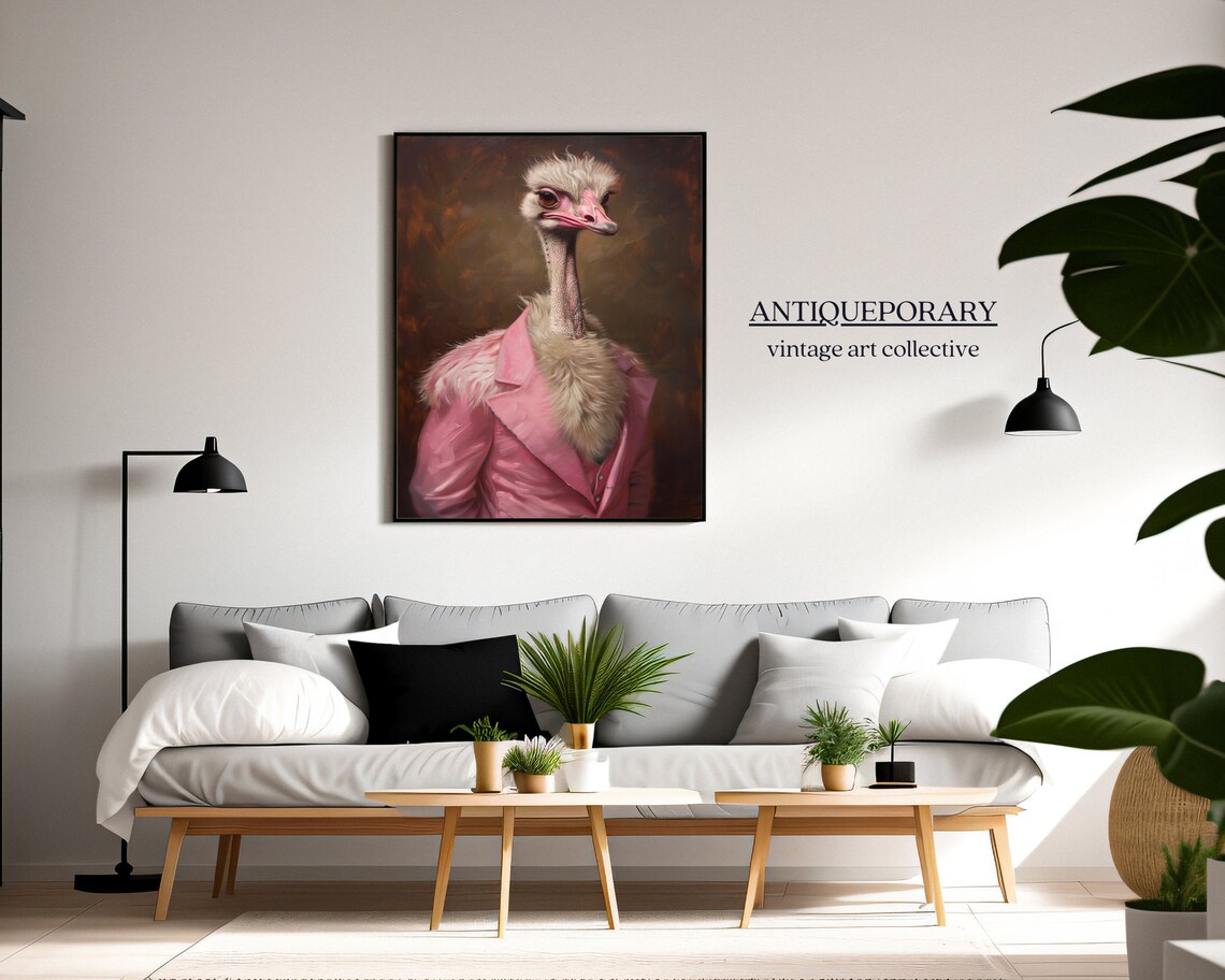 Charming Lady Ostrich in Pink Blazer Vintage Portrait Wall Art - Image 4