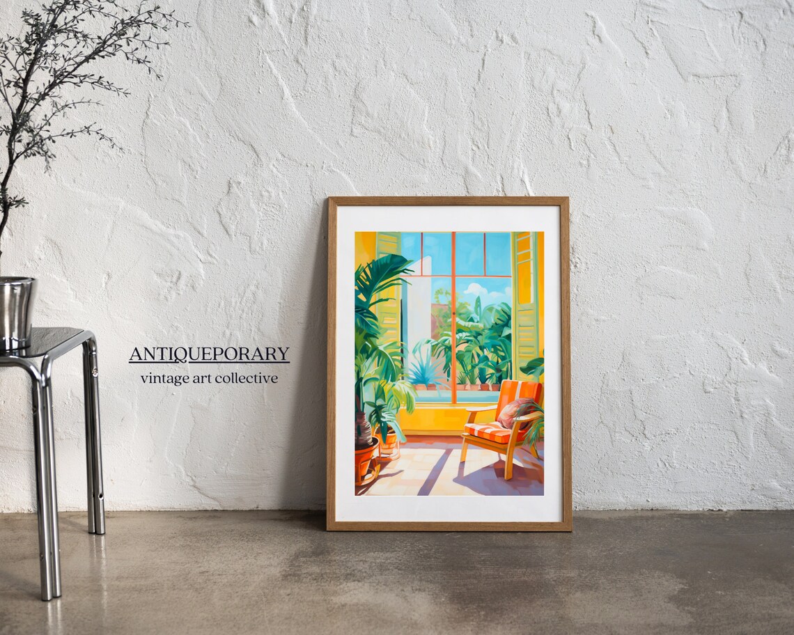 Tropical Sunroom Interior Painting Palm Plants Orange Armchair Poster - Image 5