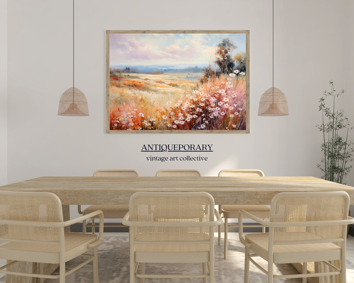 Wildflower Field Landscape Oil Painting Vintage Landscape Art Print Neutral Country Field Wall Art Rustic Farmhouse Decor Art - Image 4