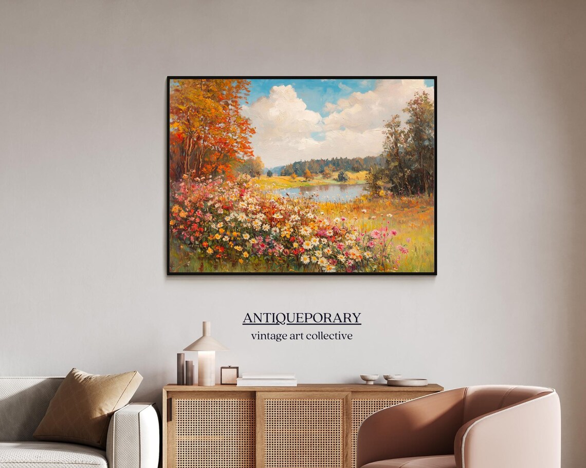 Autumn Wildflower Field Lakeside Fall Trees Impressionist Landscape Poster - Image 5