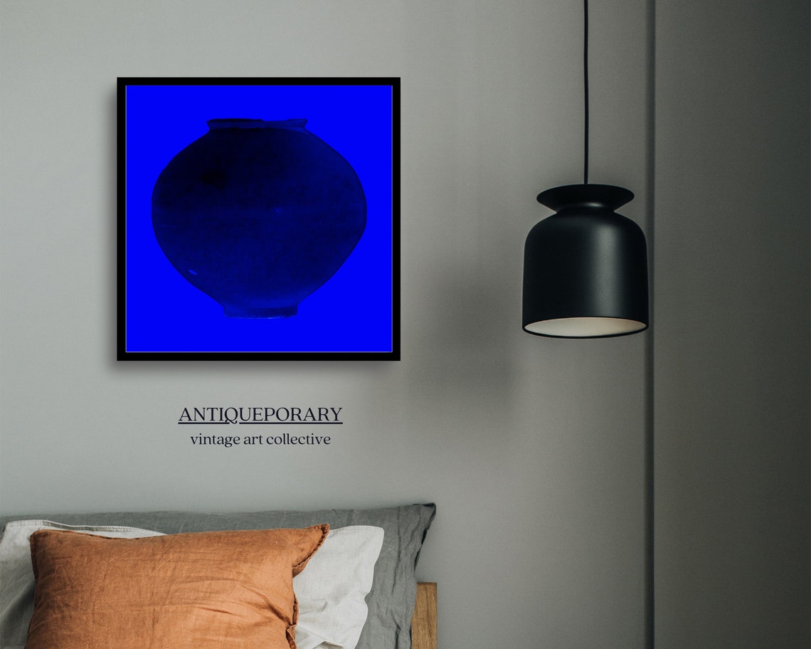 Cobalt Blue Ceramic Moon Jar Vase on Bold Blue Minimalist Art Poster - Image 4