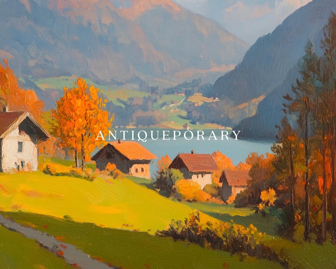 Alpine Village Snowy Mountain Lake Autumn Chalet Oil Painting Poster - Image 2