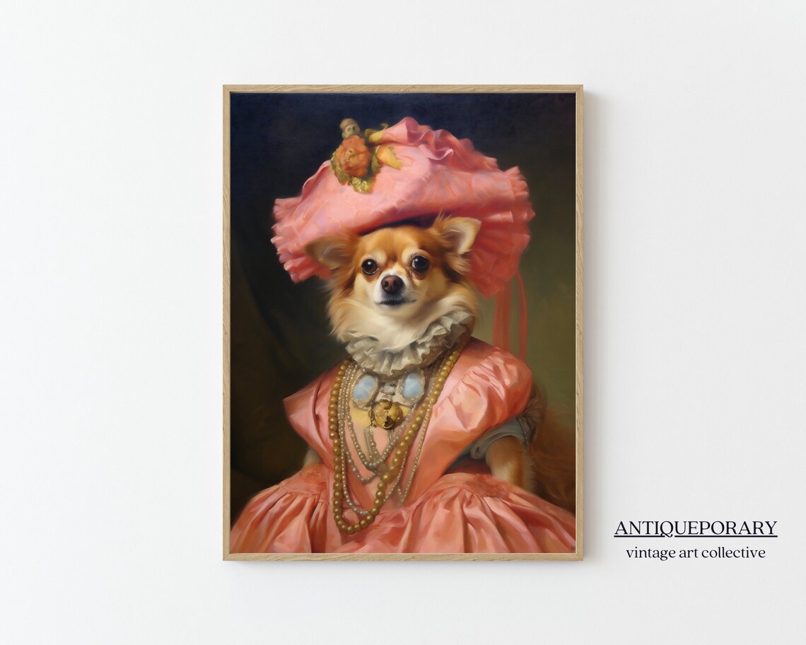 Chihuahua in Pink Satin Gown Pearls Elegant Dog Portrait Poster