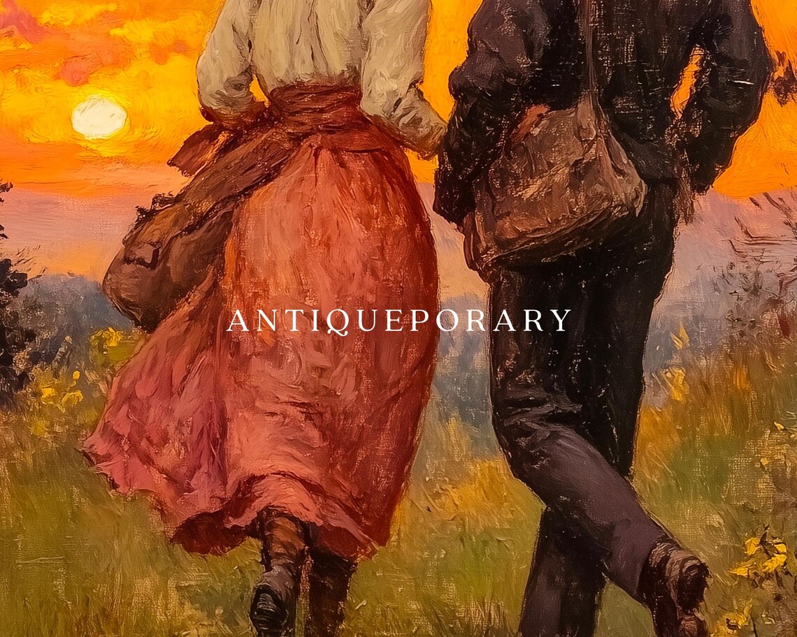 Vintage Lovers at Sunset Romantic Couple Walking Through Field Poster - Image 2