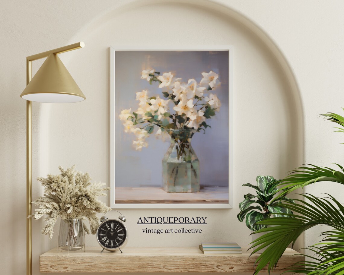 Cream White Jasmine Bouquet in Glass Vase Muted Vintage Poster - Image 4