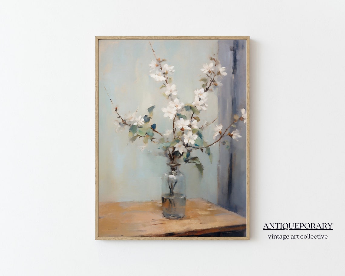 Flower Vase Still Life Painting Vintage Kitchen Print Neutral Flowers Oil Painting Farmhouse Decor Antique Still Life Painting