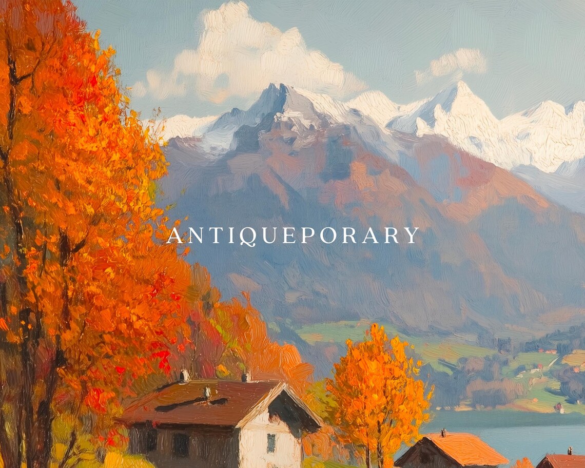Alpine Village Snowy Mountain Lake Autumn Chalet Oil Painting Poster - Image 3