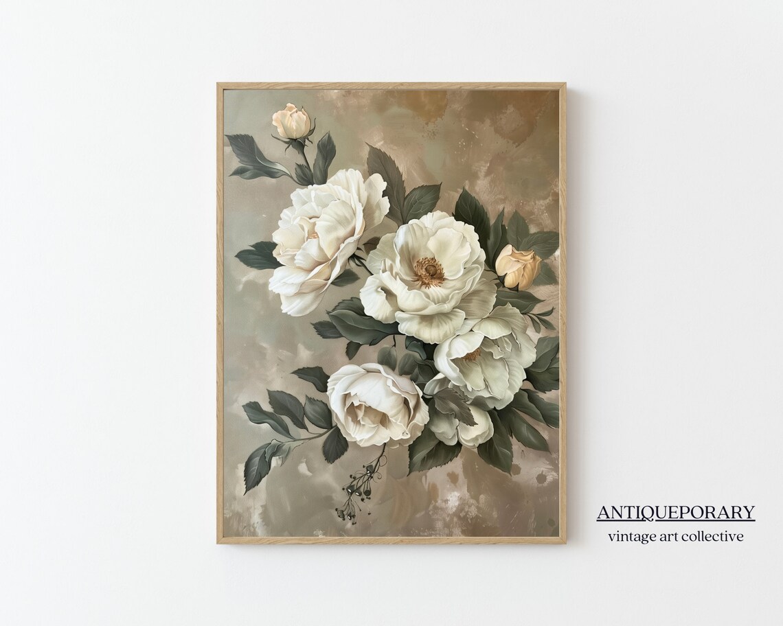 White Roses Vintage Floral Oil Painting Still Life Art Poster