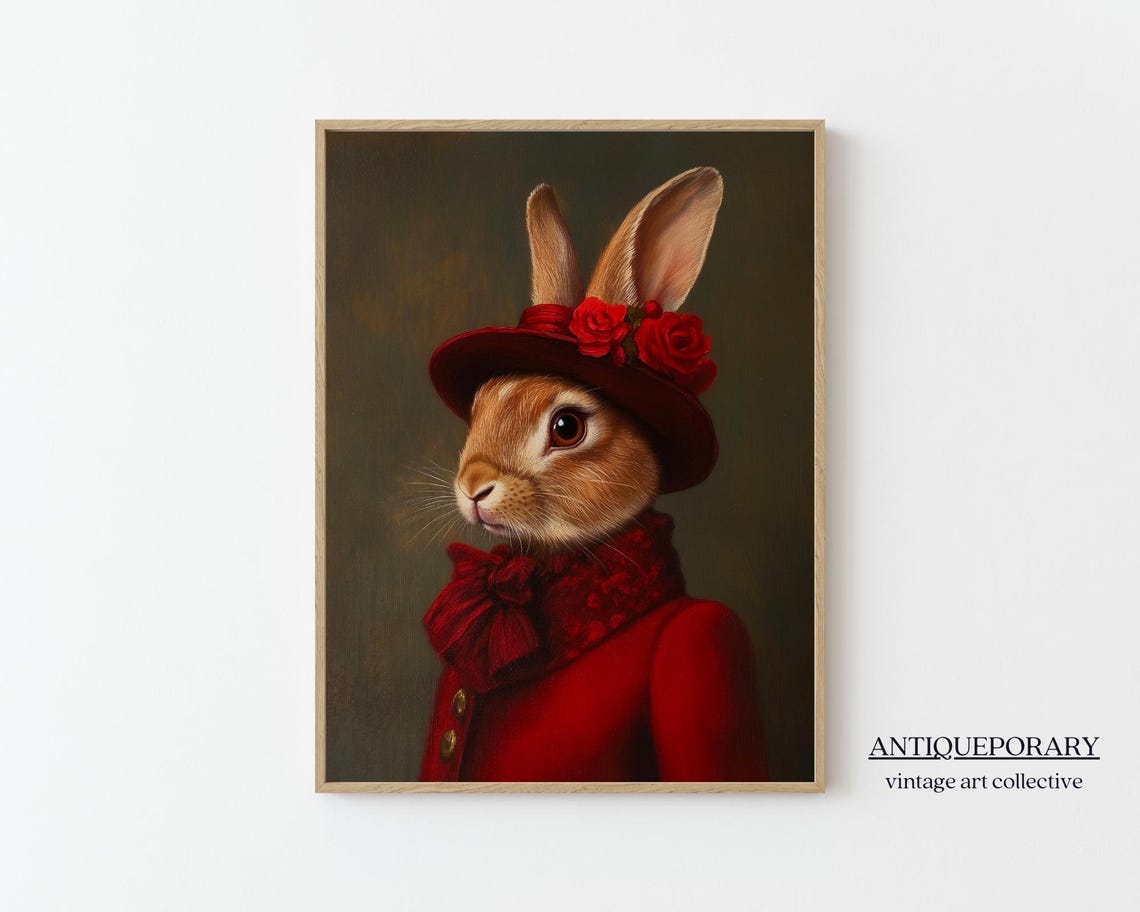 Red Dress Rabbit Lady Portrait Rose Hat Victorian Style Poster
