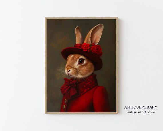 Red Dress Rabbit Lady Portrait Rose Hat Victorian Style Poster