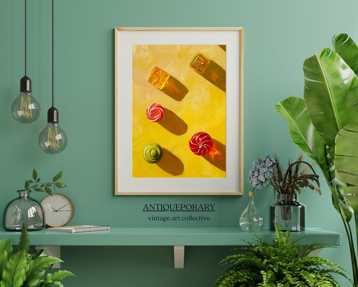 Candy Pieces Long Shadows on Yellow Background Playful Pop Art Poster - Image 4