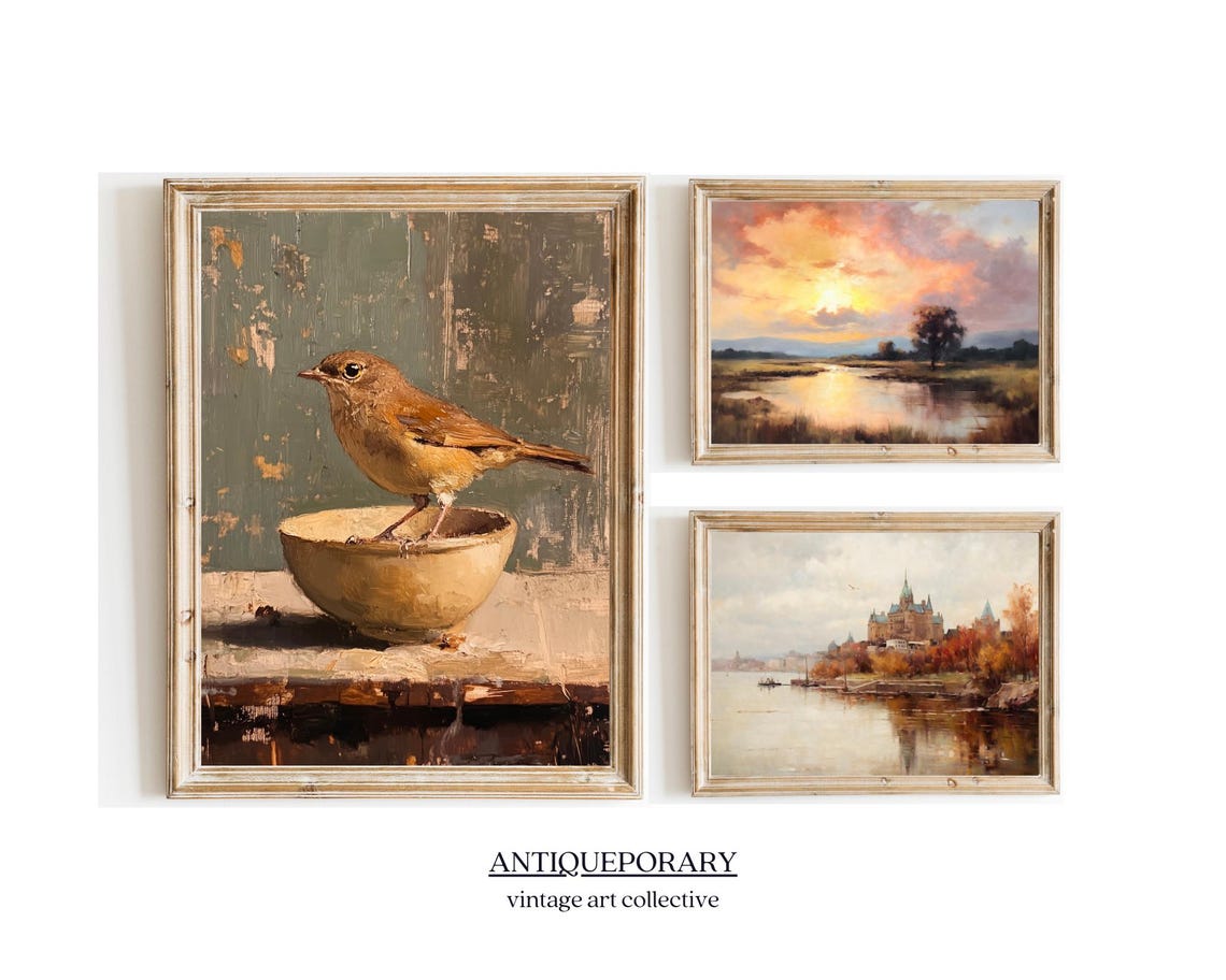 Small Brown Bird Perched on Bowl Rustic Vintage Bird Painting Poster - Image 3