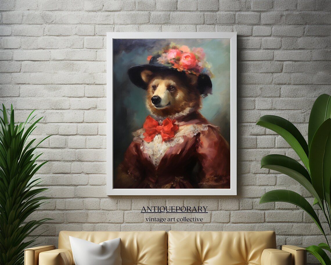 Bear Lady Vintage Portrait in Floral Hat and Red Dress Poster - Image 4