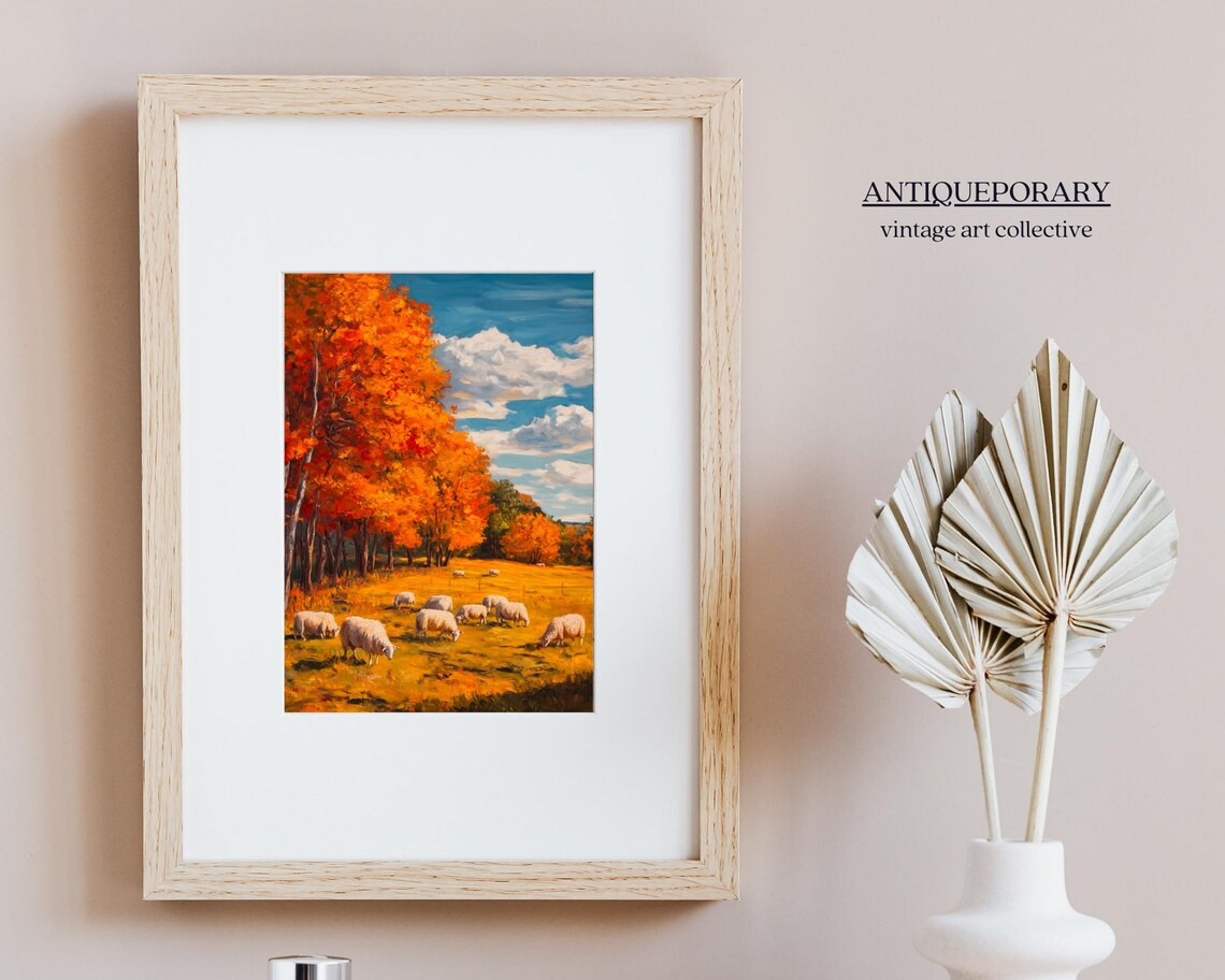 Autumn Sheep Pasture Golden Fall Trees Rustic Oil Painting Poster - Image 6