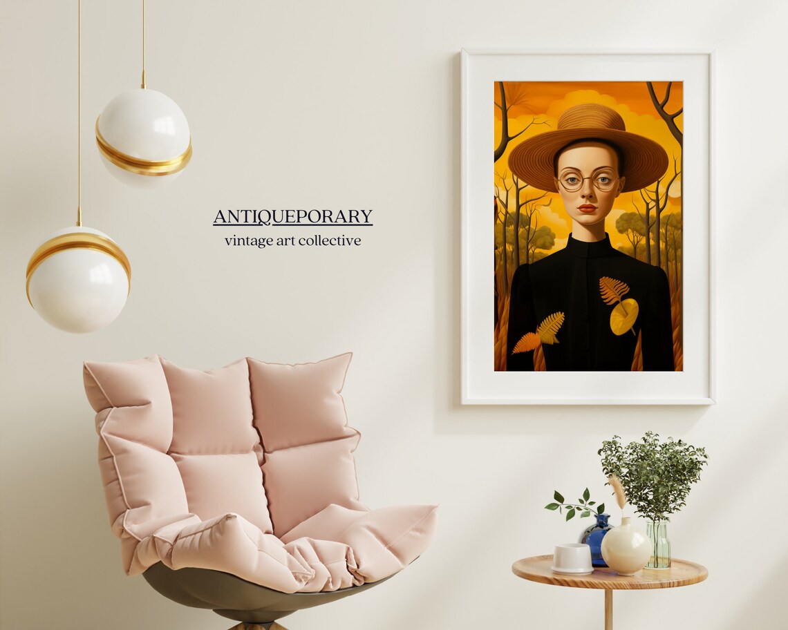 Young Woman in Straw Hat Autumn Forest Vintage Portrait Wall Art - Image 5