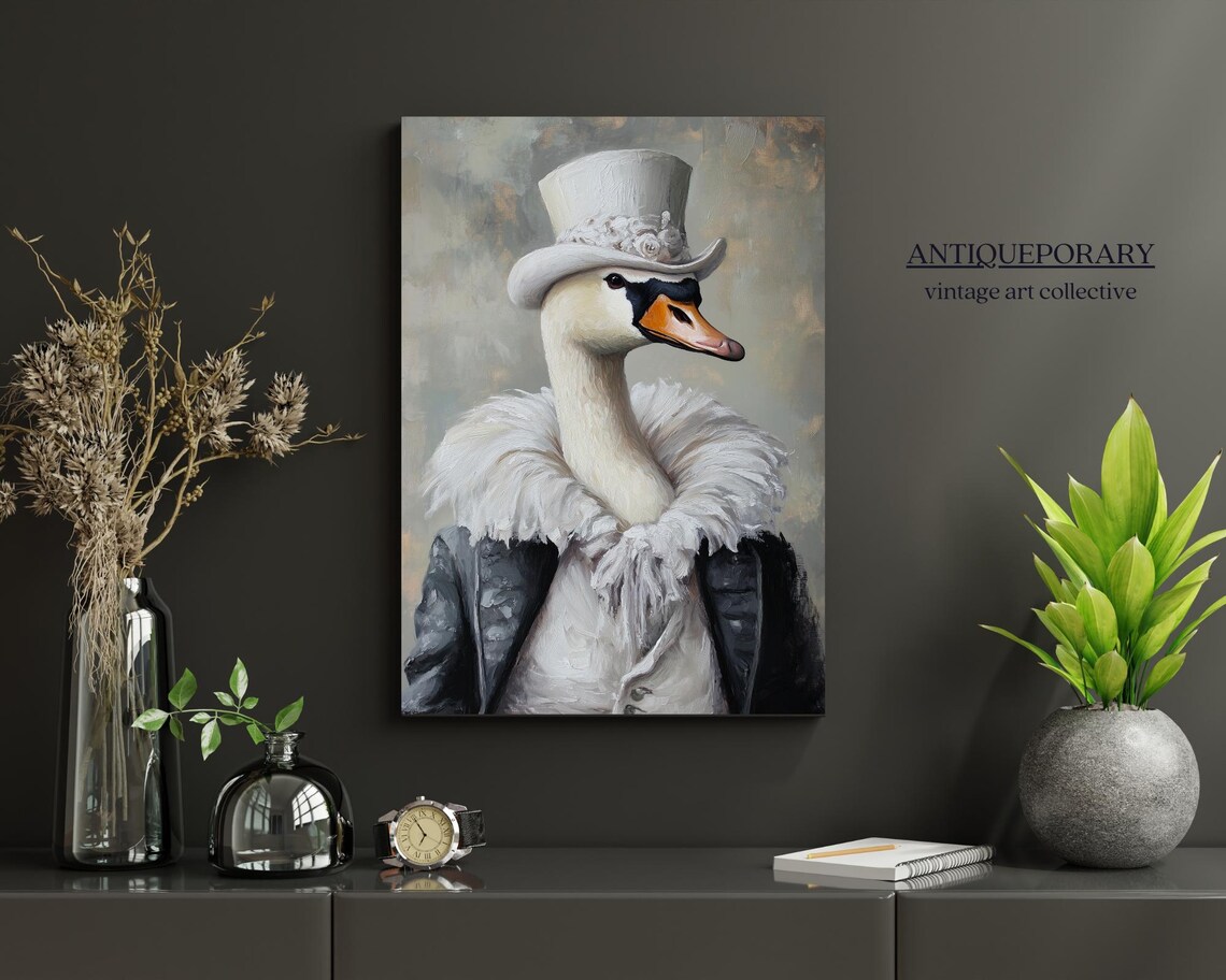 White Swan in Top Hat with Feathered Collar Vintage Portrait Poster - Image 6
