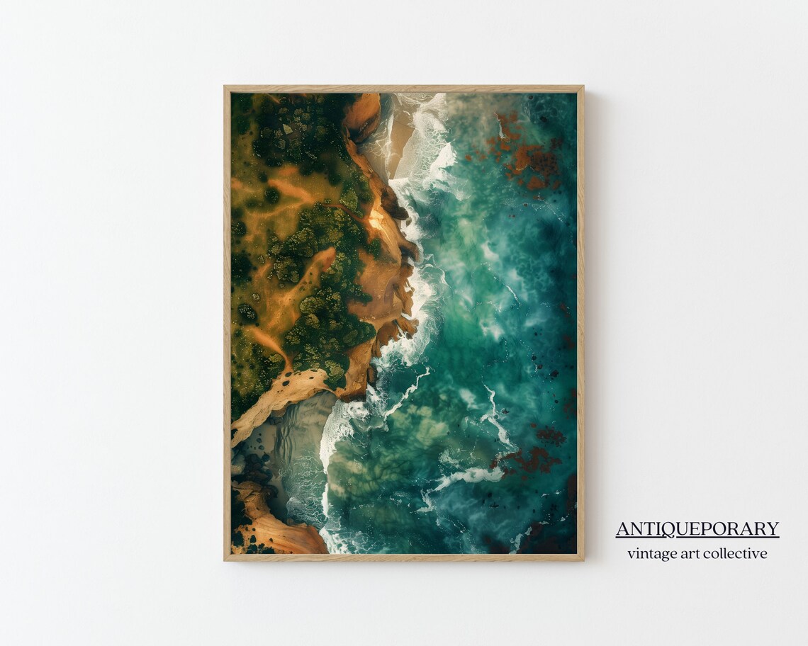 Turquoise Ocean Waves Rocky Coast Aerial Seascape Fine Art Poster