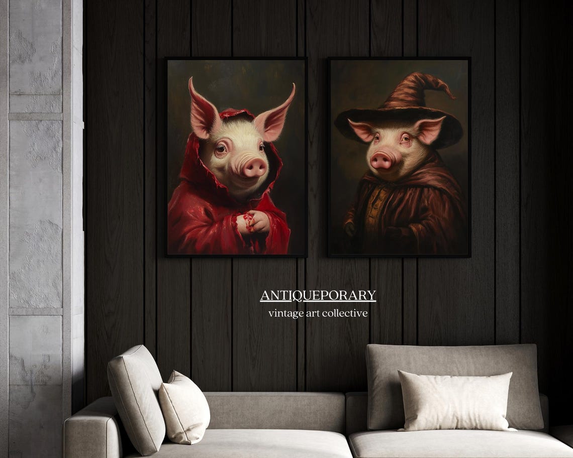 Cute Devil Pig Red Hooded Cloak Halloween Vintage Art Poster - Image 5