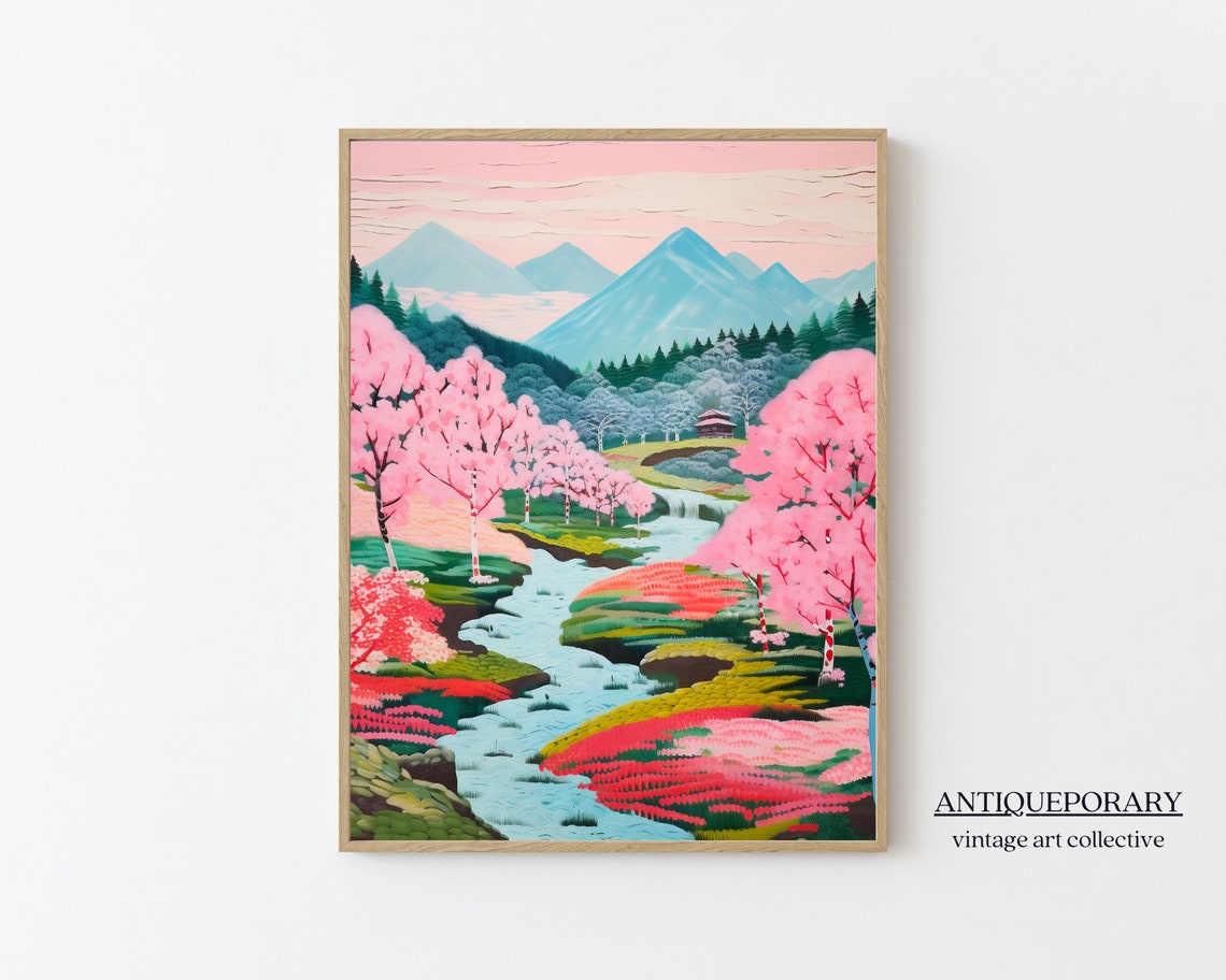 Pastel Cherry Blossom Valley River with Blue Mountains Poster