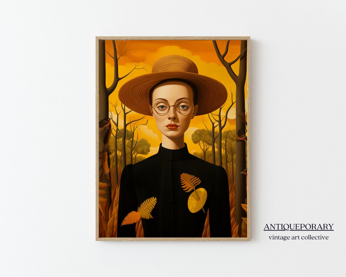 Young Woman in Straw Hat Autumn Forest Vintage Portrait Wall Art - Image 7
