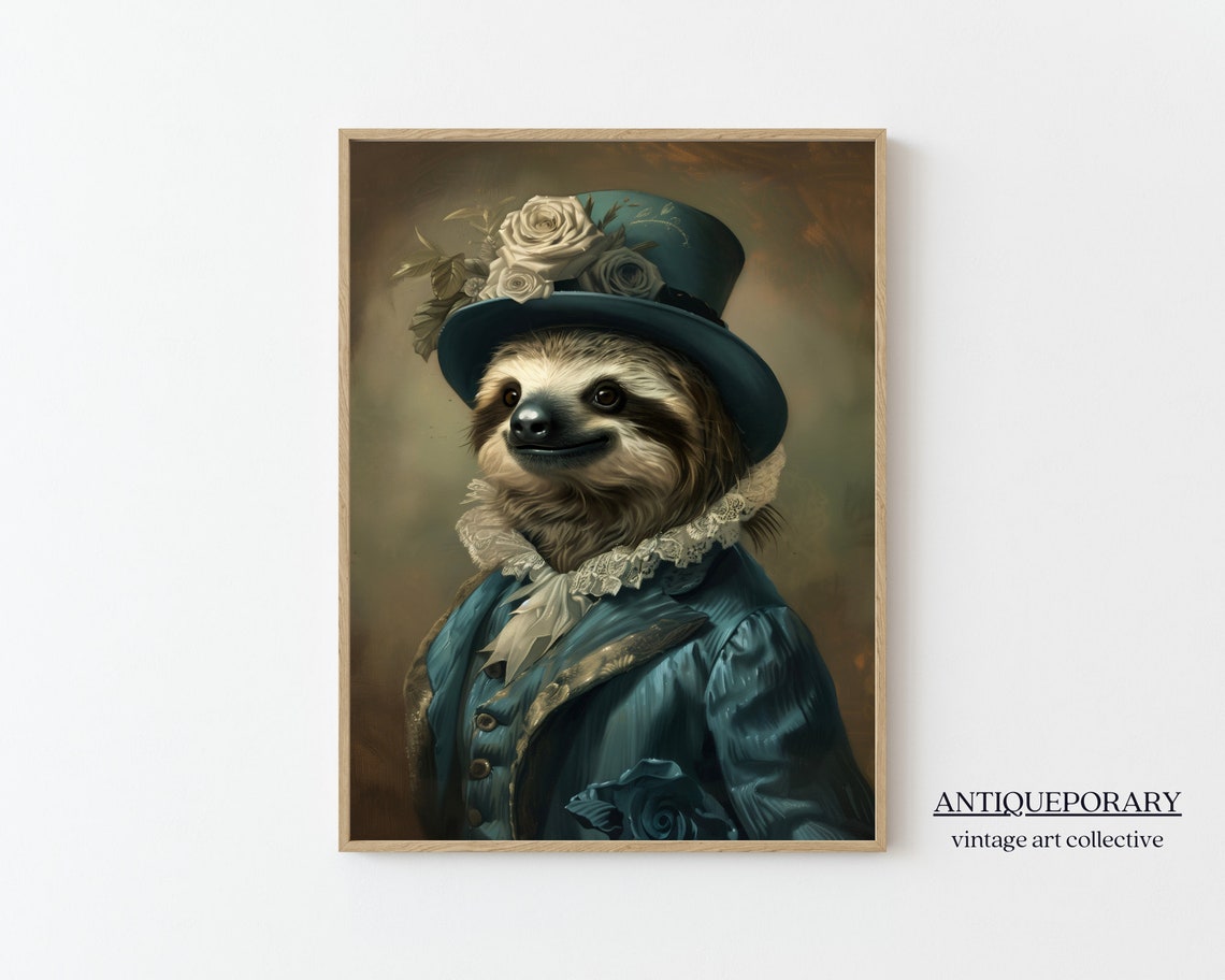 Royal Sloth Blue Top Hat White Roses Victorian Portrait Poster
