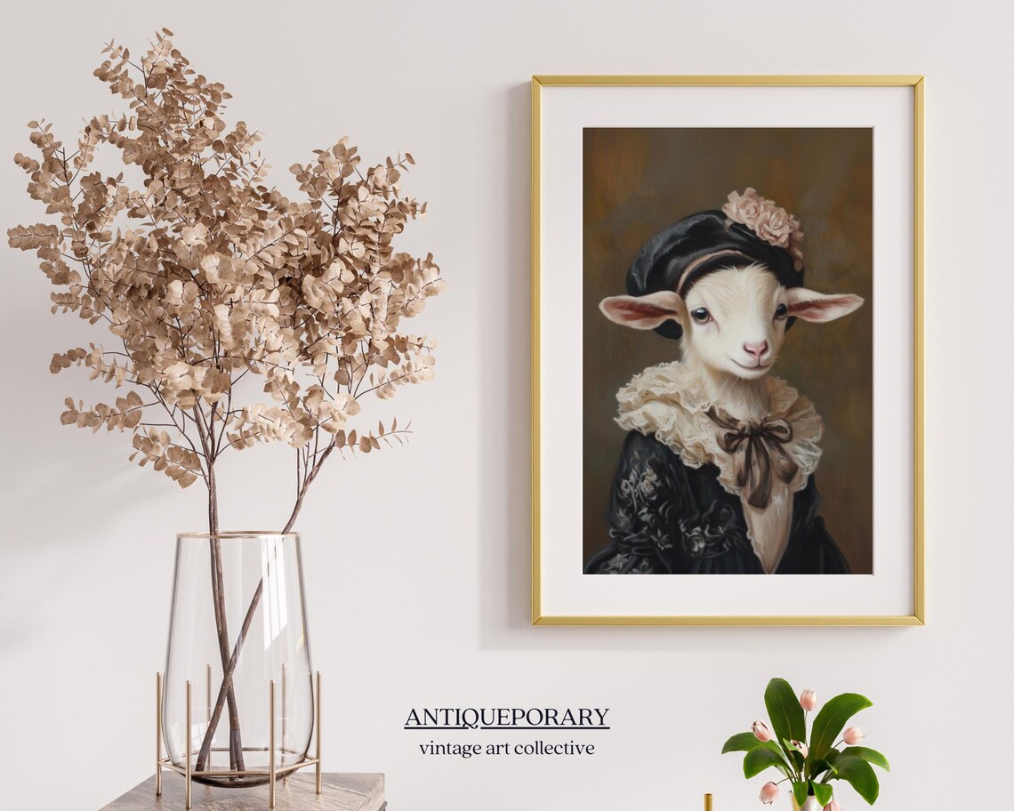 Victorian Baby Goat Bonnet Floral Vintage Animal Portrait Poster - Image 5