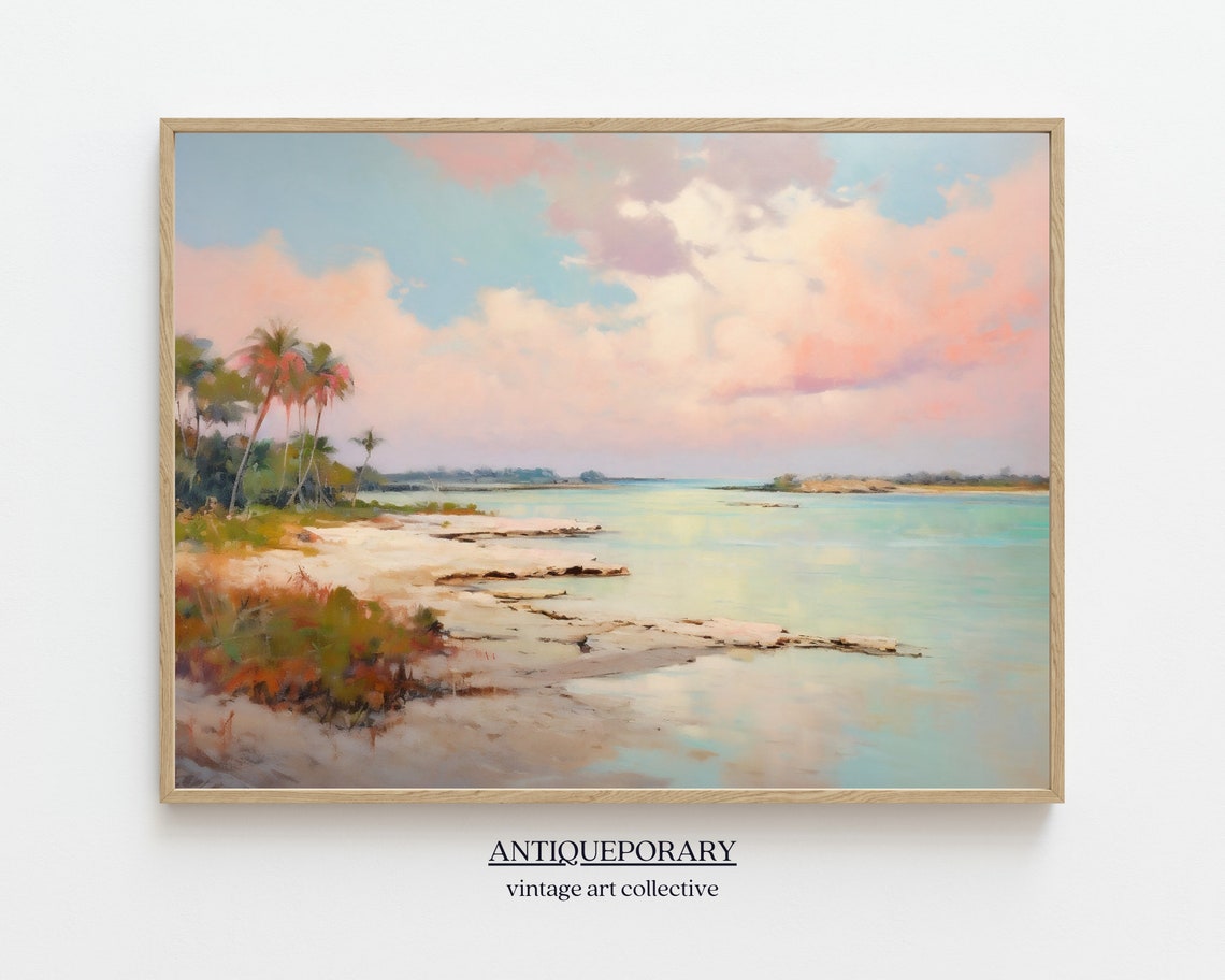 Pastel Beach Palm Trees Turquoise Water Coastal Landscape Poster