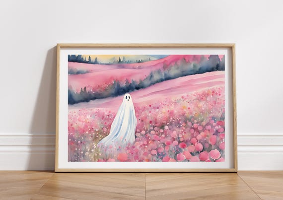 Pink Halloween Wall Art On Flower Field Floral Print Girly Decoration Trendy Watercolor