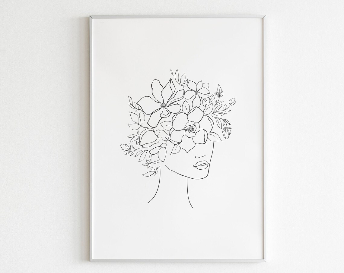 Flower Girl Magnolia Blooms Line Art Botanical Woman Sketch Poster