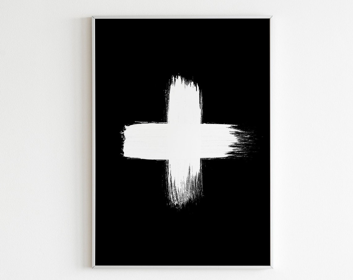 Swiss Cross Plus Sign Brushstroke Black White Minimalist Print