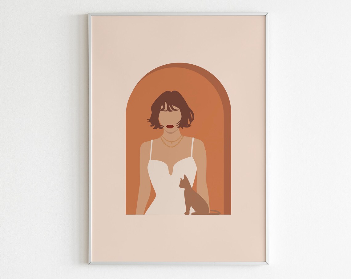 Cat Lady Abstract Woman With Cat Terracotta Minimalist Art Poster