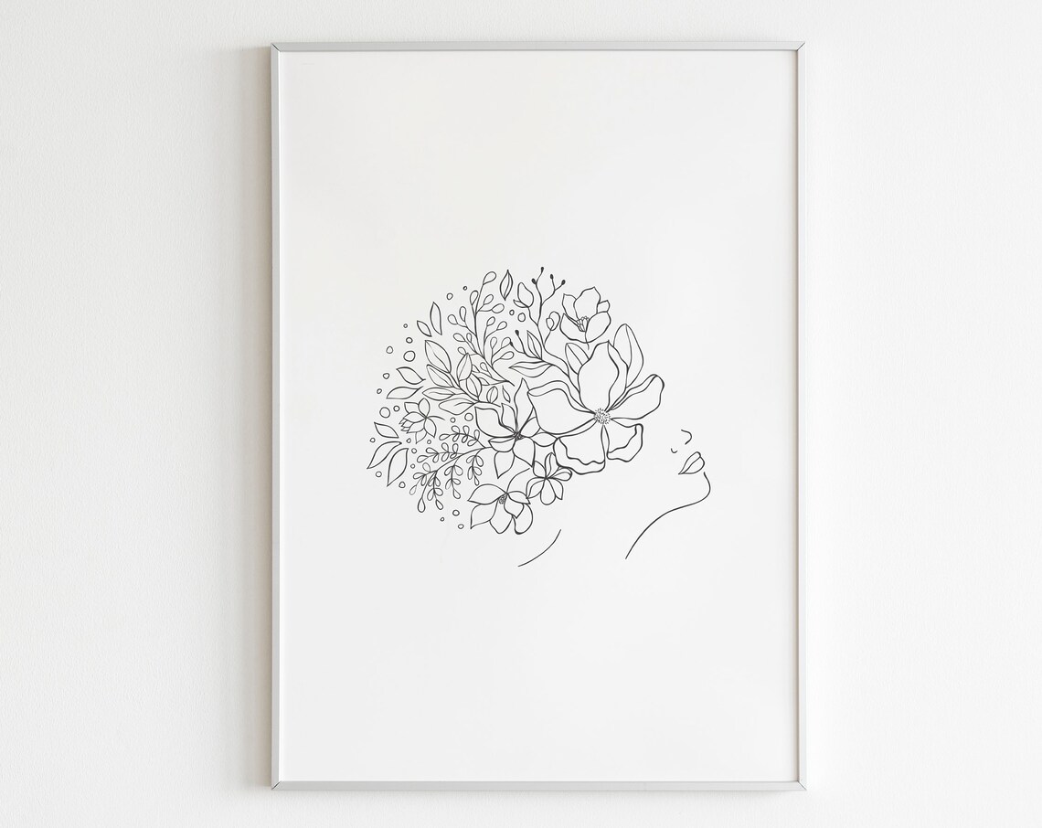 Flower Girl Black And White Line Art Floral Woman Profile Poster