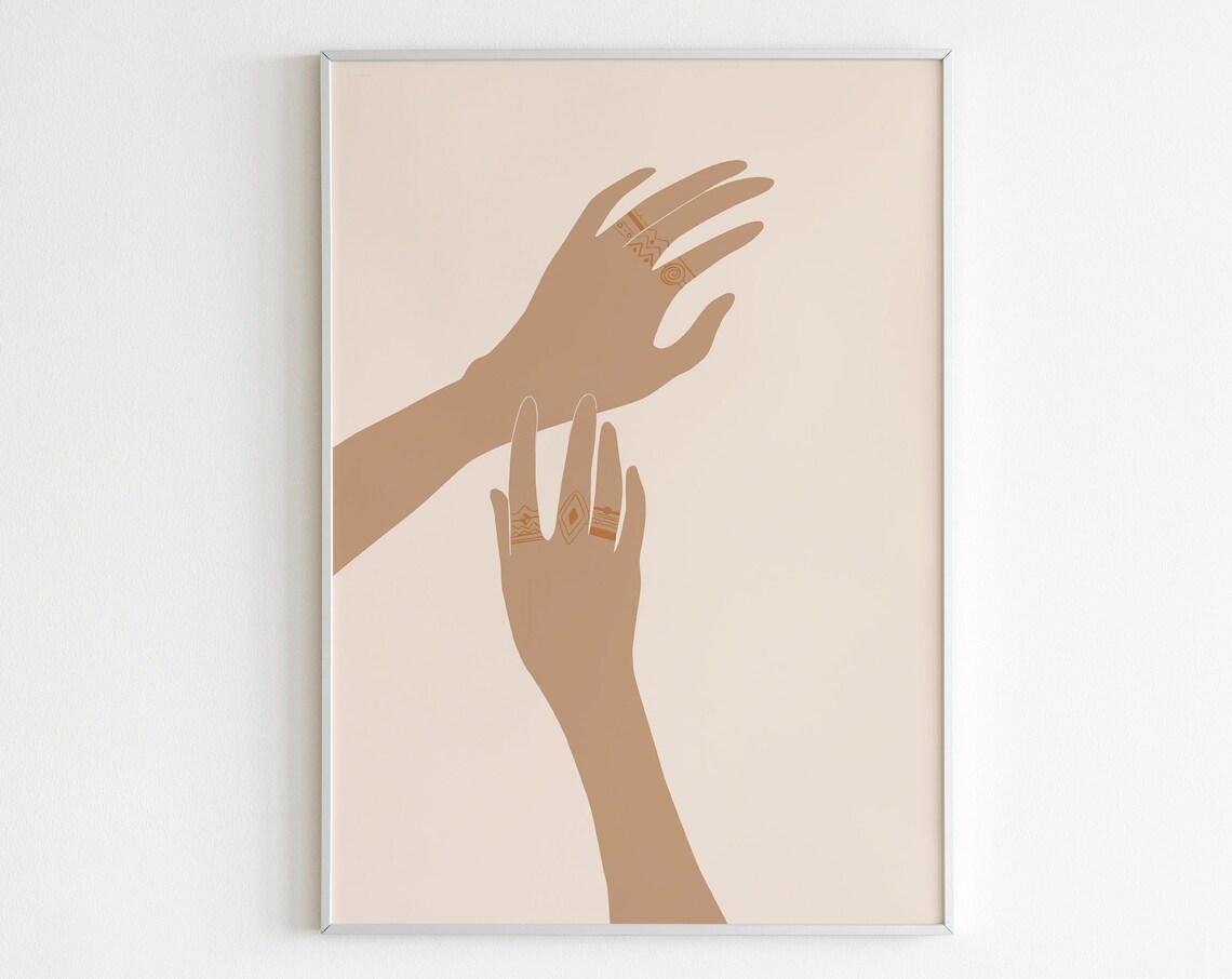 Henna Hands Boho Line Art Minimalist Beige Abstract Wall Poster
