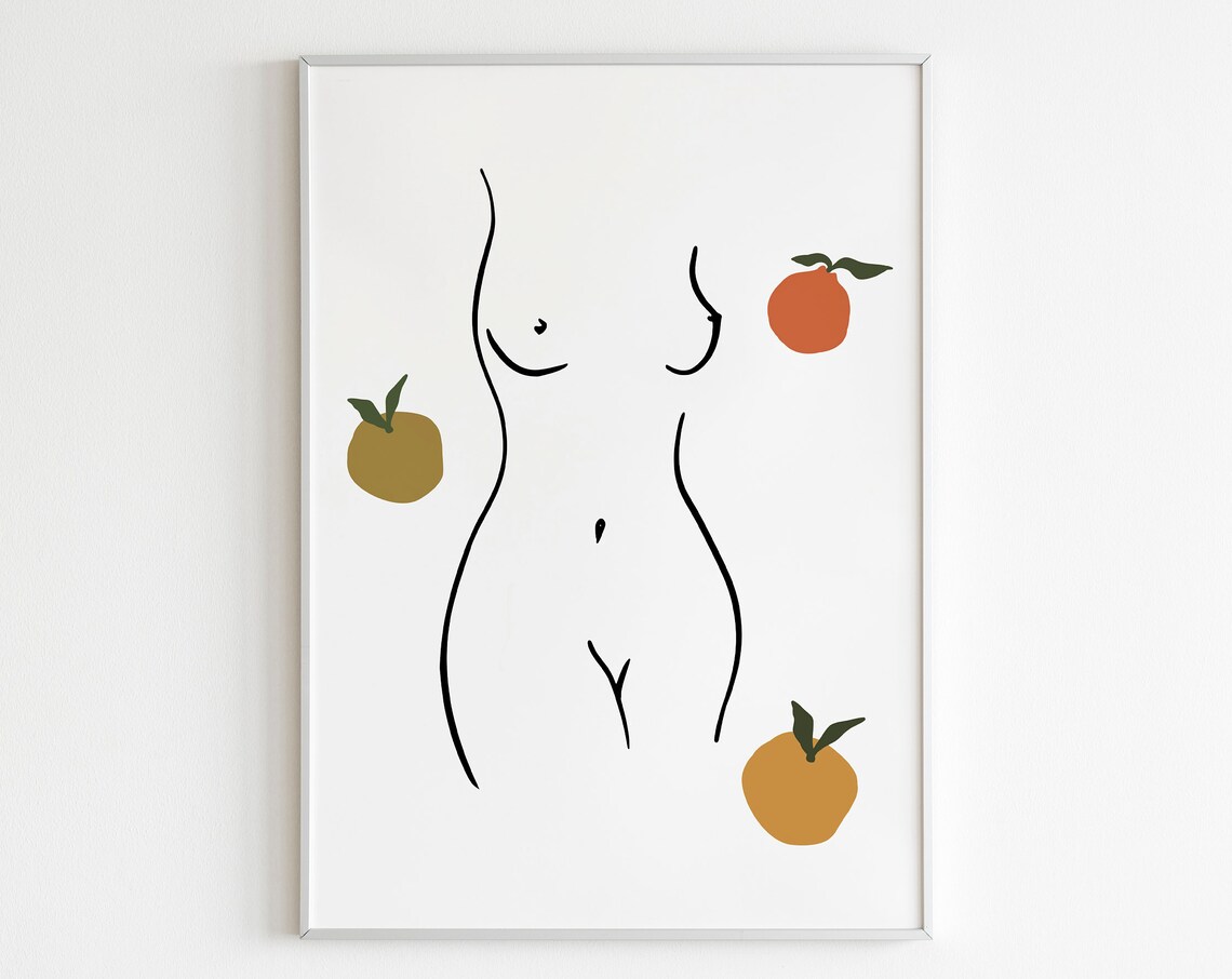 Woman Silhouette Line Art With Oranges Feminine Fruit Body Poster